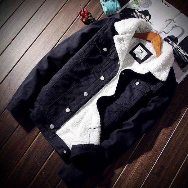 Large Size Winter Velvet Denim Jacket Men's Slim-fitting Thickened Jacket Imitation Lamb Fluff Youth Cotton-padded Top_viptrois.com