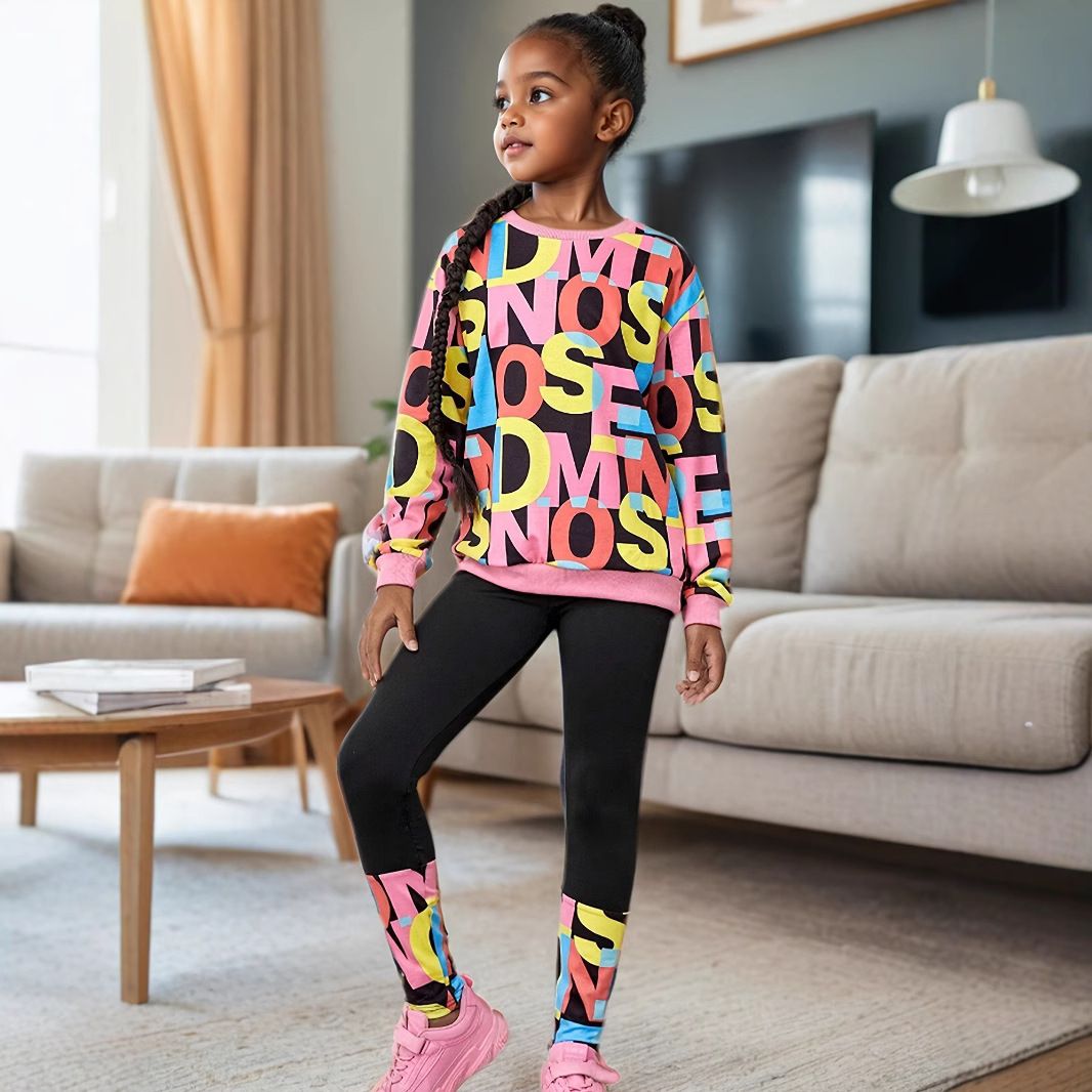Kids’ Clothing Girls Comfortable Letter Pattern Full Print Round Neck Sweatshirt Leggings Casual Suit_viptrois.com