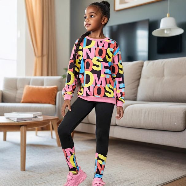 Kids’ Clothing Girls Comfortable Letter Pattern Full Print Round Neck Sweatshirt Leggings Casual Suit_viptrois.com