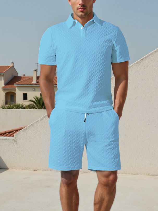 Men's Clothing Lapel Jacquard Fabric Thin Short Sleeved Casual Sports Shirt Suit_viptrois.com