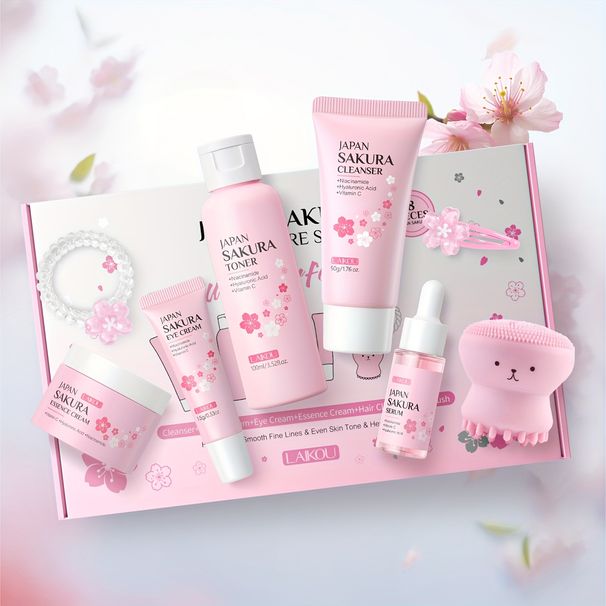 LAIKOU Sakura Box 8pcs Skincare Set, Niacinamide For Brightening Anti-Decay, Radiance Serum, Lock In Moisture Face_viptrois.com