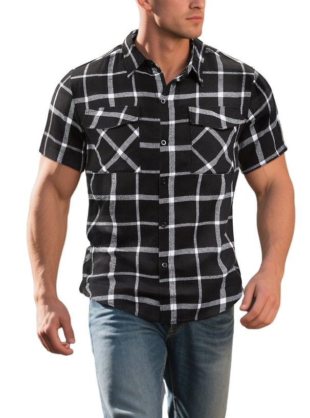 Camisa De Manga Corta Deportiva Informal Con Botones De Cárdigan De Retazos A Cuadros A La Moda Para Hombre_viptrois.com