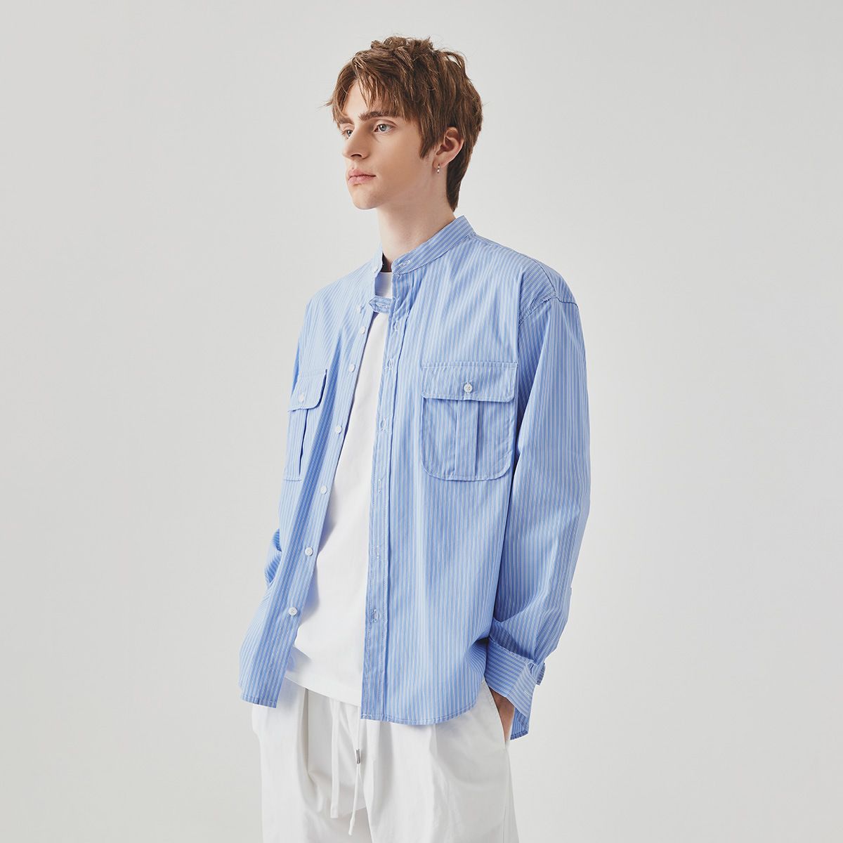 Men's Clothingstriped Shirt Men's Spring High End Sense Of Cool Business Casual Versatile Stand Up Collar Long Sleeved Shirt Jacket_viptrois.com