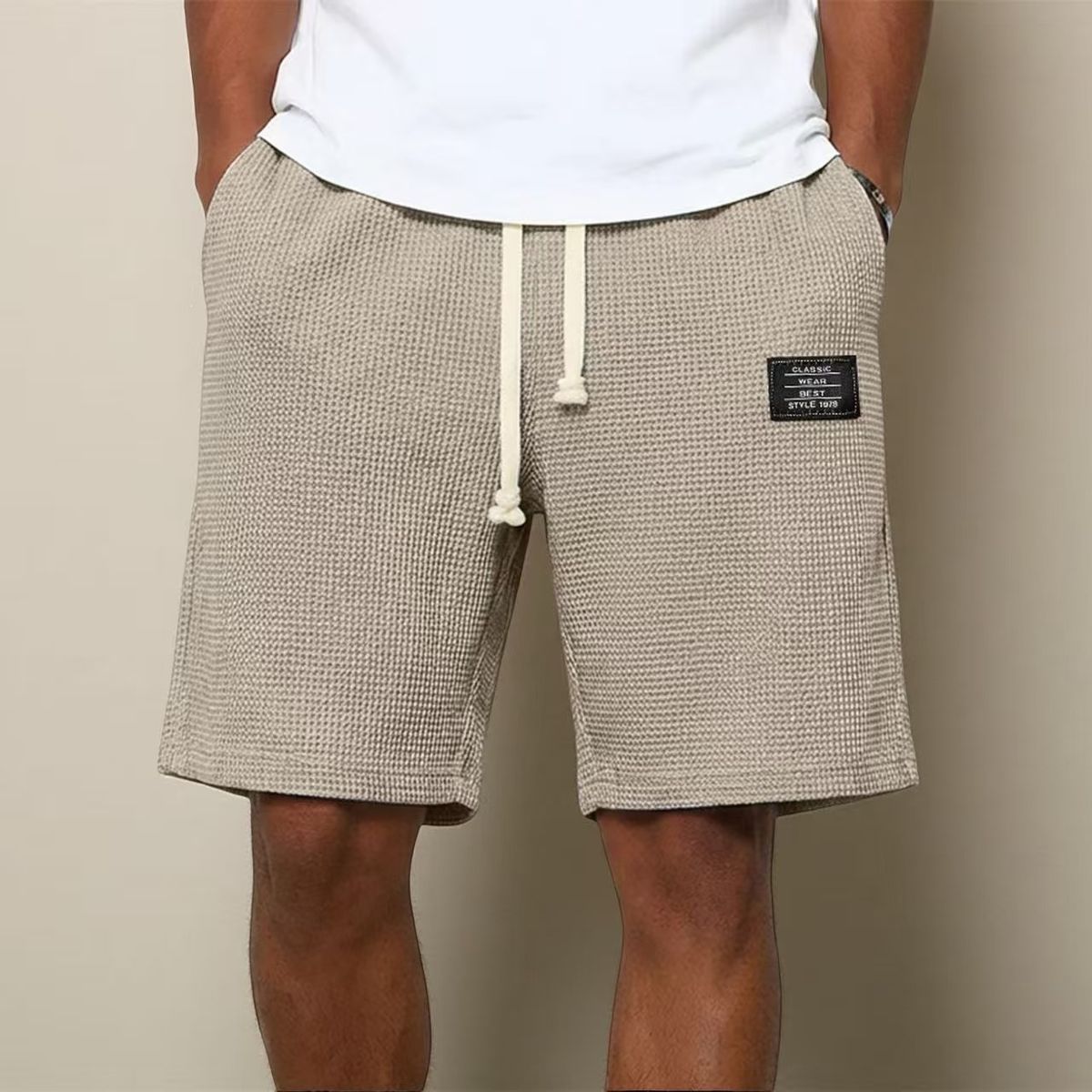 Summer New Arrival Men's Casual Shorts Simple Waffle Texture Embroidered Logo Solid Color American Style_viptrois.com