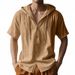 Men's Clothing Summer Thin Breathable Linen Khaki Loose Hooded Short Sleeved Shirt_viptrois.com