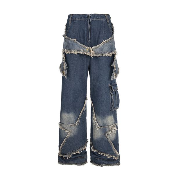 Men's Jeans American Style Large Pocket Star Frayed Design Vintage Washed High Street Workwear Wide Leg Pants_viptrois.com