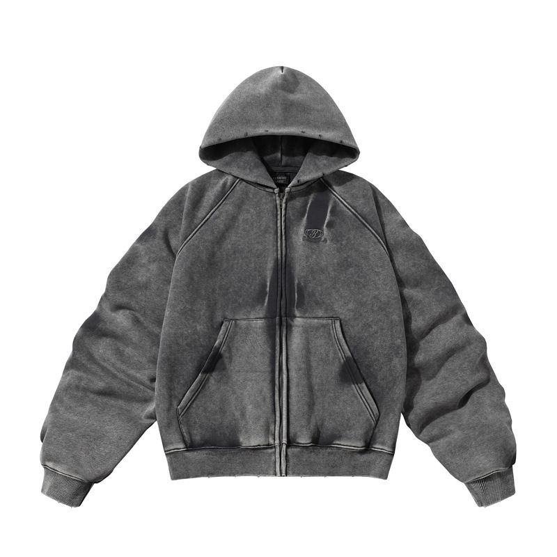Men's Clothing Winter American Retro Washed Distressed Hooded Fleece Sweatshirt For Men High Street Fashion Loose Cardigan Short Jacket_viptrois.com