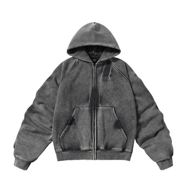 Men's Clothing Winter American Retro Washed Distressed Hooded Fleece Sweatshirt For Men High Street Fashion Loose Cardigan Short Jacket_viptrois.com