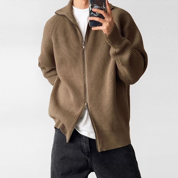 Autumn And Winter High Neck Solid Color Zipper Cardigan Warm Sweater Jacket_viptrois.com