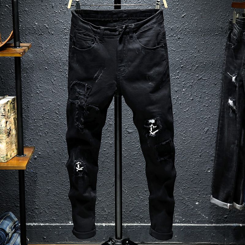 Men's Black new ripped patch jeans for men slim fit elastic small feet youth skull print fashion beggar pants_viptrois.com