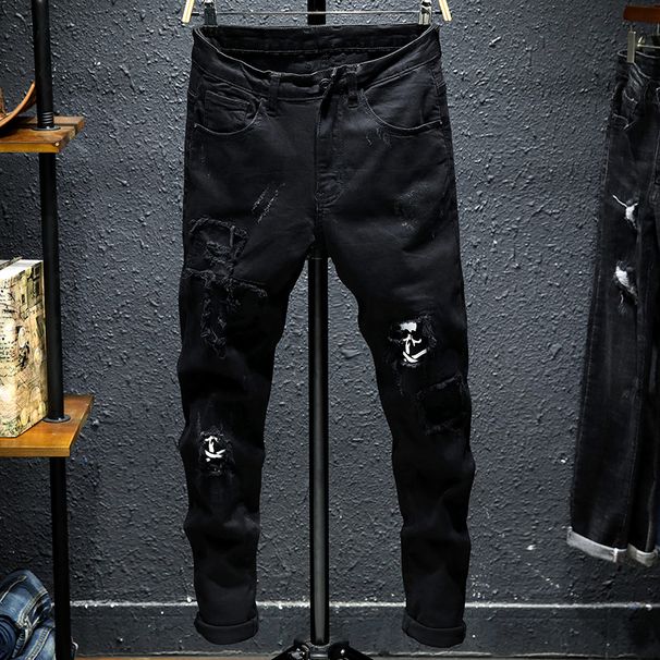 Men's Black new ripped patch jeans for men slim fit elastic small feet youth skull print fashion beggar pants_viptrois.com