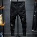 Men's Black new ripped patch jeans for men slim fit elastic small feet youth skull print fashion beggar pants_viptrois.com