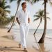25 American Style Summer Long Pants Men Linen Beach Casual Short Sleeve Shirt Set_viptrois.com
