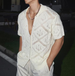 Summer American Style Thin Hollow Out Cool Knitted Short Sleeve For Men Cleanfit Loose Turn-down Collar Shirt Trendy_viptrois.com