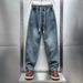 American Casual Jeans Men's Trendy High Street Loose Straight Youth Striped Patchwork Wide Leg Pants_viptrois.com