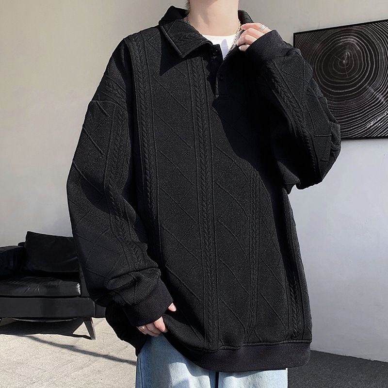 Men's Premium Textured Polo Shirt – Oversized Lapel Collar Streetwear (S-5XL, Spring 2026 Minimalist Aesthetic, Black/White/Beige)_viptrois.com