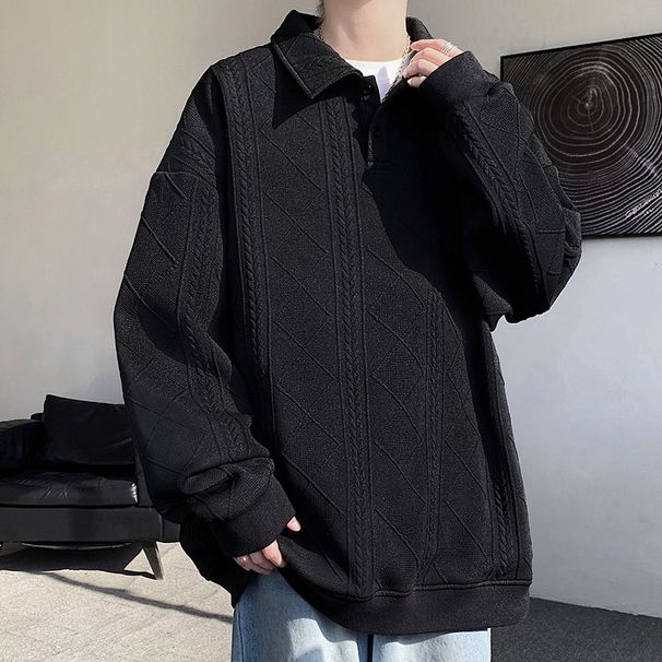Men's Premium Textured Polo Shirt – Oversized Lapel Collar Streetwear (S-5XL, Spring 2026 Minimalist Aesthetic, Black/White/Beige)_viptrois.com