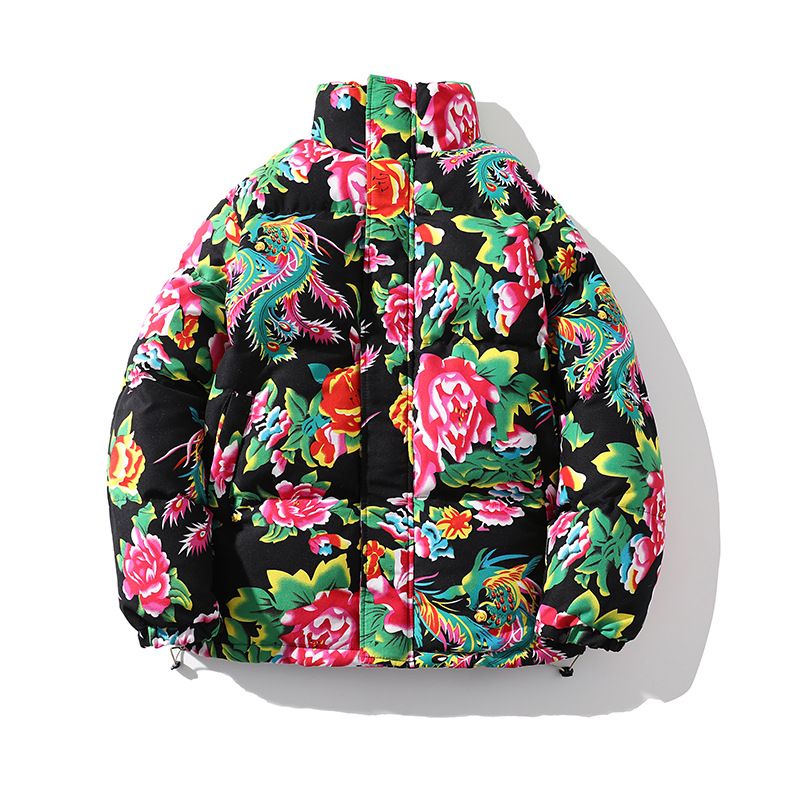 Men's Clothing Cotton Jacket Men's National Trend Peony Flower Cotton Jacket Winter Thickening Net Red Rural Festive Cotton Jacket_viptrois.com