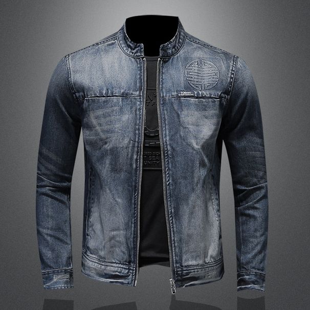 Men's Clothes Personalized Stand-up Collar Zipper Motorcycle Jeans Plus Size Casual Embossed Denim Jacket_viptrois.com