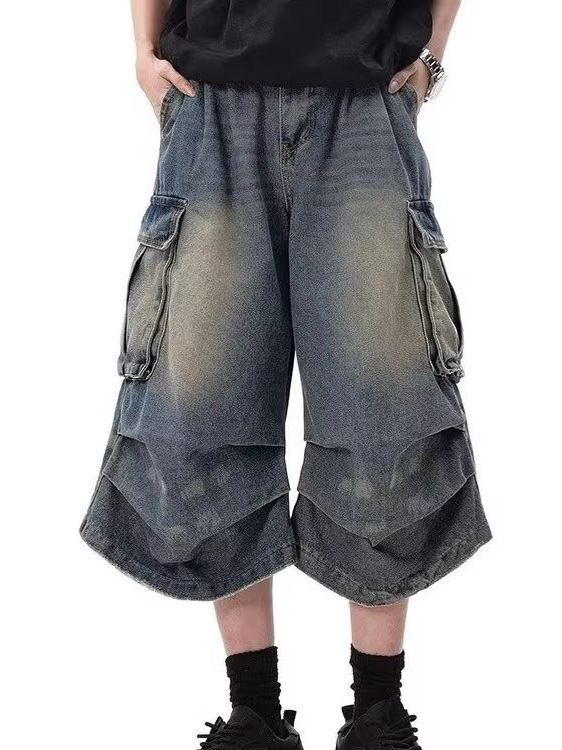Men's Clothing Retro White Washed Multi Pocket Workwear Denim Shorts Men's Pleated Design Loose Drape Cropped Pants_viptrois.com