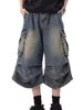 Men's Clothing Retro White Washed Multi Pocket Workwear Denim Shorts Men's Pleated Design Loose Drape Cropped Pants_viptrois.com