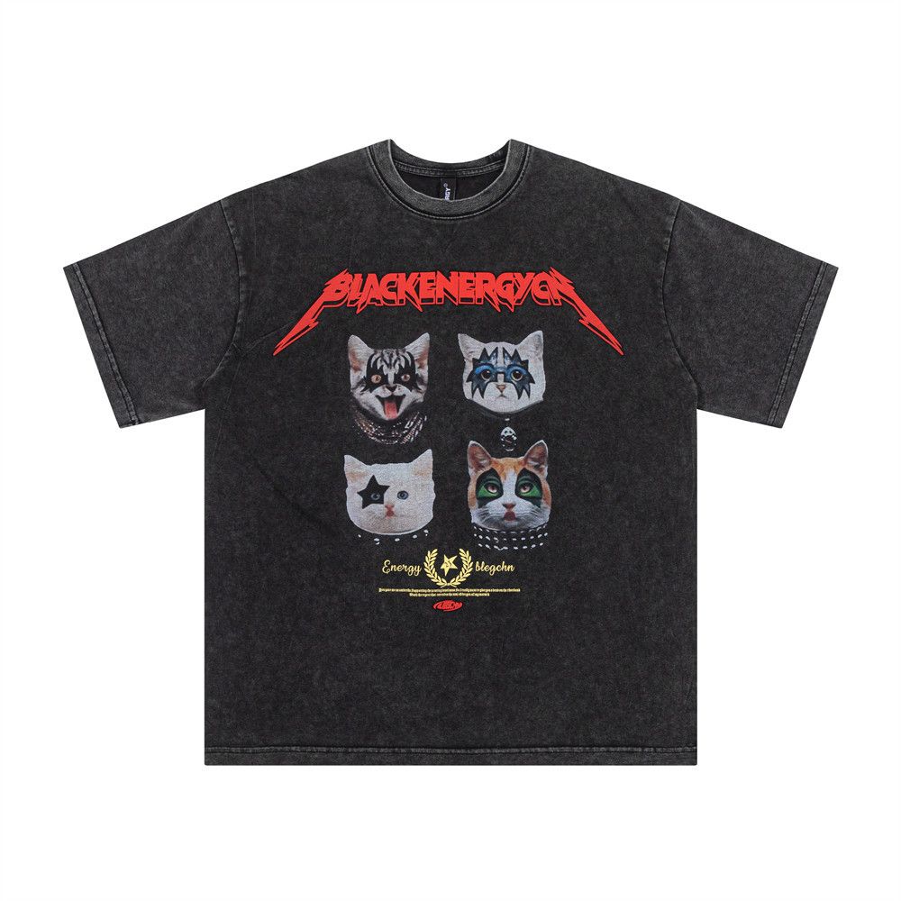 Funny and fun kitten print short-sleeved T-shirt hip-hop trend summer men's washed distressed short-sleeved T-shirt top_viptrois.com