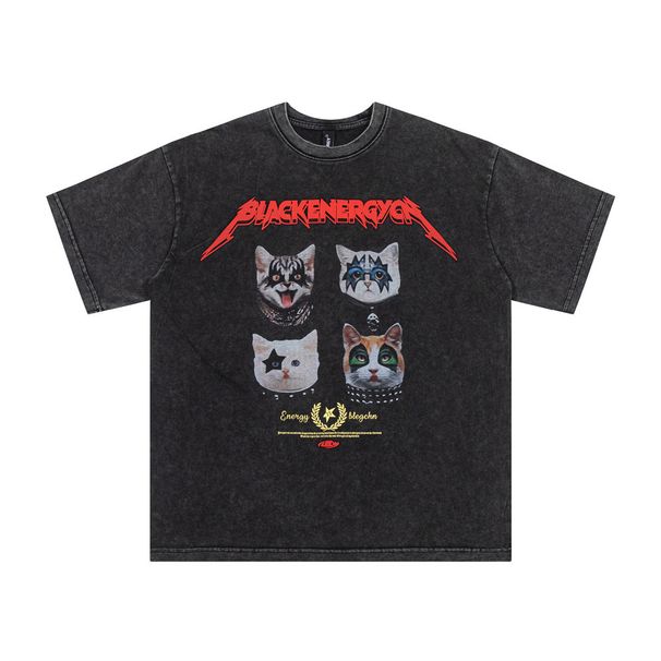 Funny and fun kitten print short-sleeved T-shirt hip-hop trend summer men's washed distressed short-sleeved T-shirt top_viptrois.com