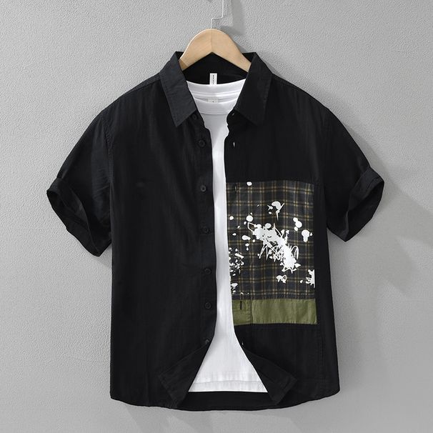 Retro Patchwork Short Sleeved Shirt For Men, Fashionable And Versatile, Casual And Loose Printed Top_viptrois.com