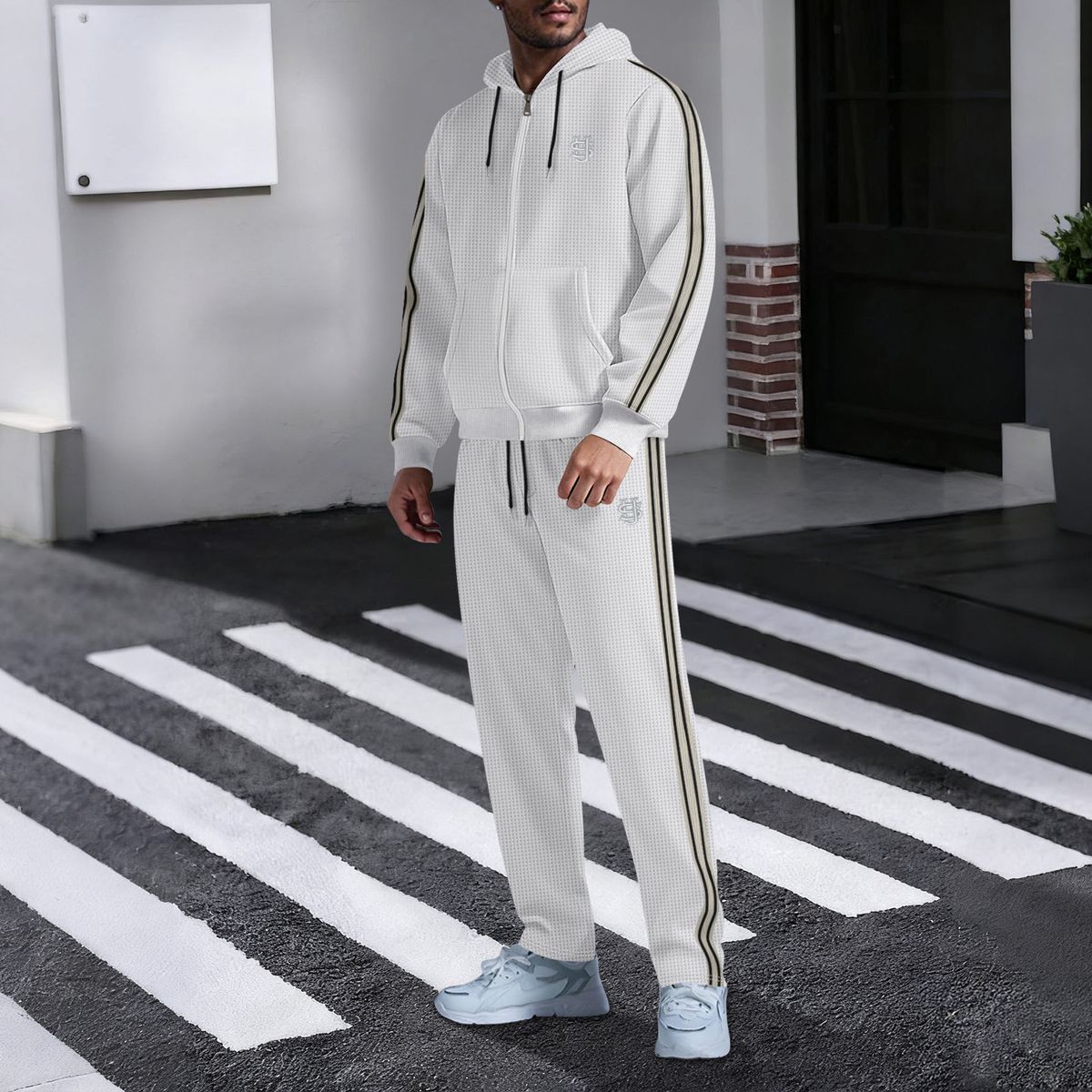 Men's Clothing European And American Men's Casual Hooded Drawstring Zipper Pocket Cardigan Long Sleeved Jacket And Trousers Suit Embroidered US Style_viptrois.com