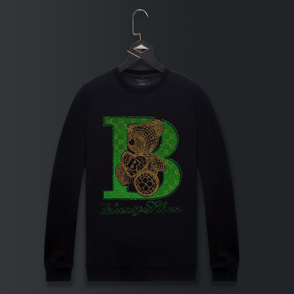 Men's Clothing Men's Sweatshirt Spring And Autumn New Hot Diamond Flocking Bear Round Neck Heavy Men's Tops Large Size Bottoming Jacket_viptrois.com