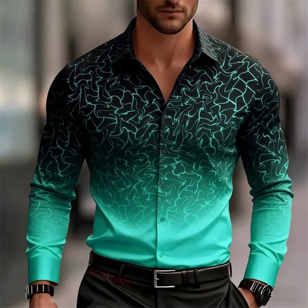 Camisa De Hombre 2026 Con Estampado Degradado, Manga Larga, Estilo Casual De Negocios, Estilo Urbano, Moderna Y A La Moda_viptrois.com
