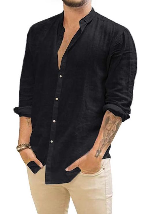 Men's Clothing Loose Linen Cardigan Solid Color Casual Stand Collar Long Sleeve Shirt_viptrois.com