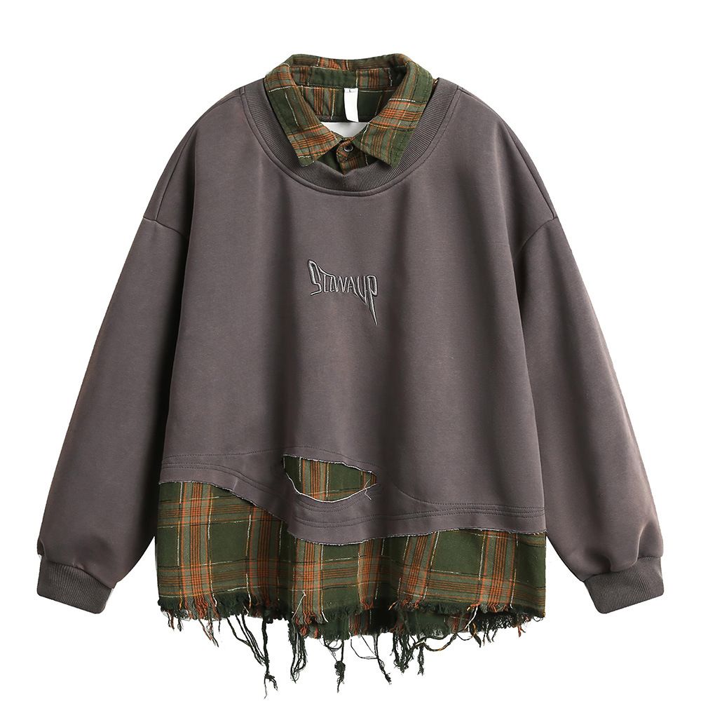 Distressed Tassel Two-Piece Sweatshirt For Men Spring Loose Trendy Design Turn-Down Collar Plaid Lined Pullover Top_viptrois.com