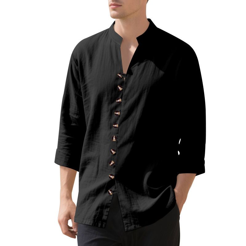 Men's Retro Linen Shirt - Stand Up Collar Long Sleeve Button Down Shirt (Loose Fit For Spring/Autumn)_viptrois.com