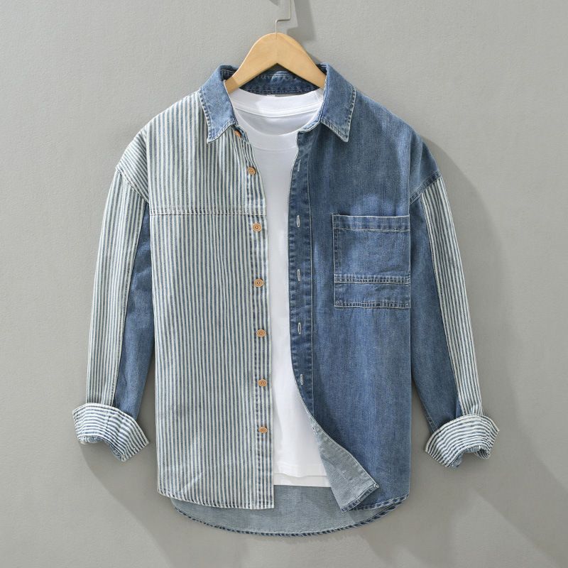 Men's Clothing Casual Fashion Tops Loose Vertical Stripes Splicing Long Sleeve Shirt_viptrois.com