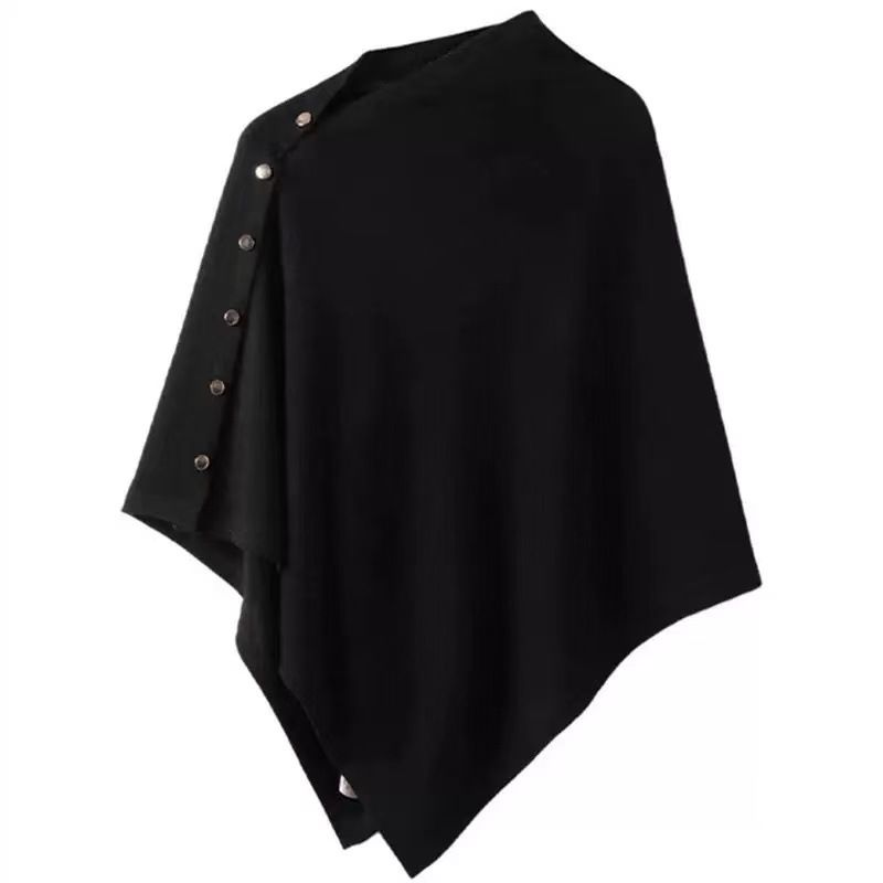 Elegant Solid Cape With Gold Buttons – Asymmetrical Winter Shawl (6 Neutral Colors, 100% Cotton Cashmere Blend, Office-to-Outfit Versatile Wrap)_viptrois.com