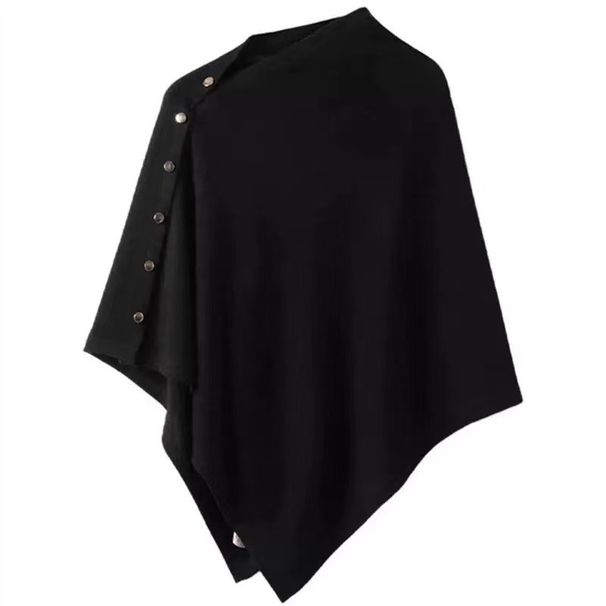 Elegant Solid Cape With Gold Buttons – Asymmetrical Winter Shawl (6 Neutral Colors, 100% Cotton Cashmere Blend, Office-to-Outfit Versatile Wrap)_viptrois.com