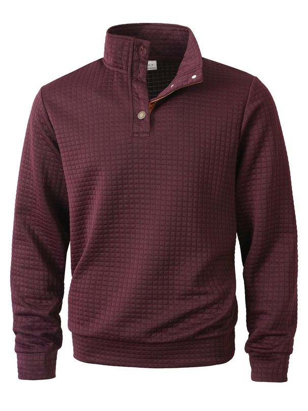 Men's Checkered Stand Collar Button-Up Sweatshirt Long Sleeve Casual Pullover Wrinkle-Free Polyester Slim Fit_viptrois.com
