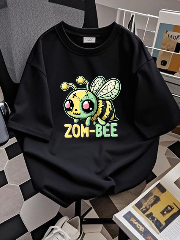 Zom-Bee Adorably Creepy Zombie Bee Cartoon Halloween T-Shirt Breathable Graphic Unisex Casual Comfortable Female Designer Clothes Soft Top For Everyday Wear T-Shirt For Women Casual Women Versatile Women Top Graphic Tees Streetwear Stylish Summer_viptrois.com