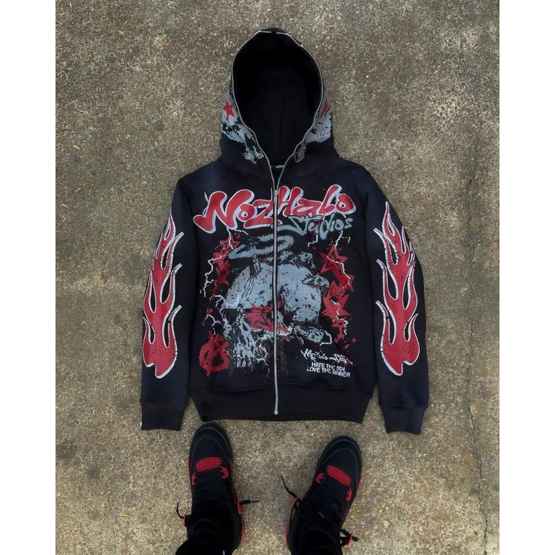 Y2K Dark Streetwear Zip-Up Hoodie – Oversized Unisex Graphic Sweatshirt With 3D Print (S-3XL, Black/Purple)_viptrois.com