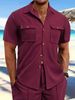 Men's Clothing Summer European And American Men's Waffle Short Sleeved Casual Solid Color Lapel Button Pocket Versatile Shirt_viptrois.com