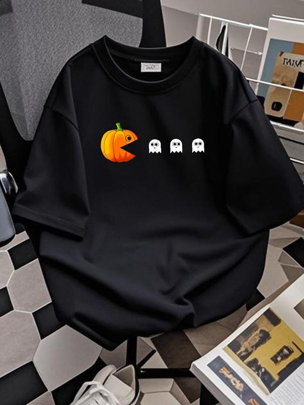 Funny Pumpkin Eating Ghosts Halloween For Boys Girls T-Shirt Women Top Graphic Tees Designer Clothes Casual Female Stylish Breathable Soft Print Round Neck Short Sleeve Versatile Summer T-Shirt For Women Casual Fashion Slightly Graphic Streetwear_viptrois.com