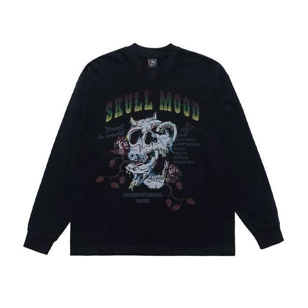 American-style Washed Cotton Hip-hop Brand Ins Ghost-themed Long-sleeve Street-style Distressed Loose-fit T-shirt_viptrois.com