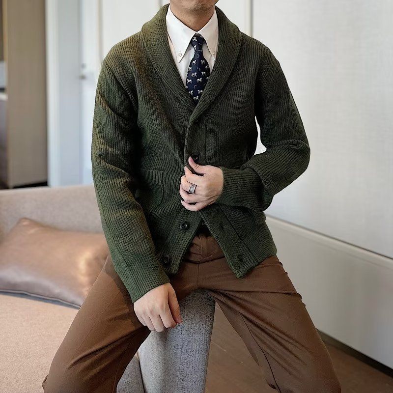Men's V-Neck Cardigan Sweater – Lightweight Shawl Collar Knit For Business & Casual Wear (Apricot/Black/Green, M-XXXL)_viptrois.com