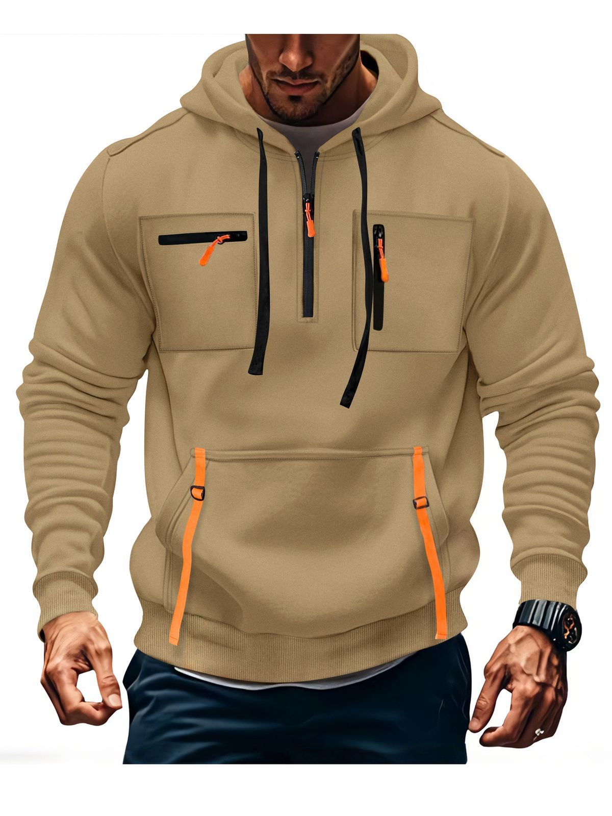 Men's Zip-Up Hoodie With Multi-Pocket Design – Thickened Fleece Lining, Stylish & Functional For Casual & Outdoor Wear_viptrois.com