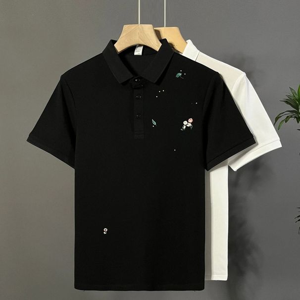 Men's Summer Fashion Short Sleeve Polo Shirt Floral Embroidery Turn Down Collar Korean Style T-Shirt_viptrois.com