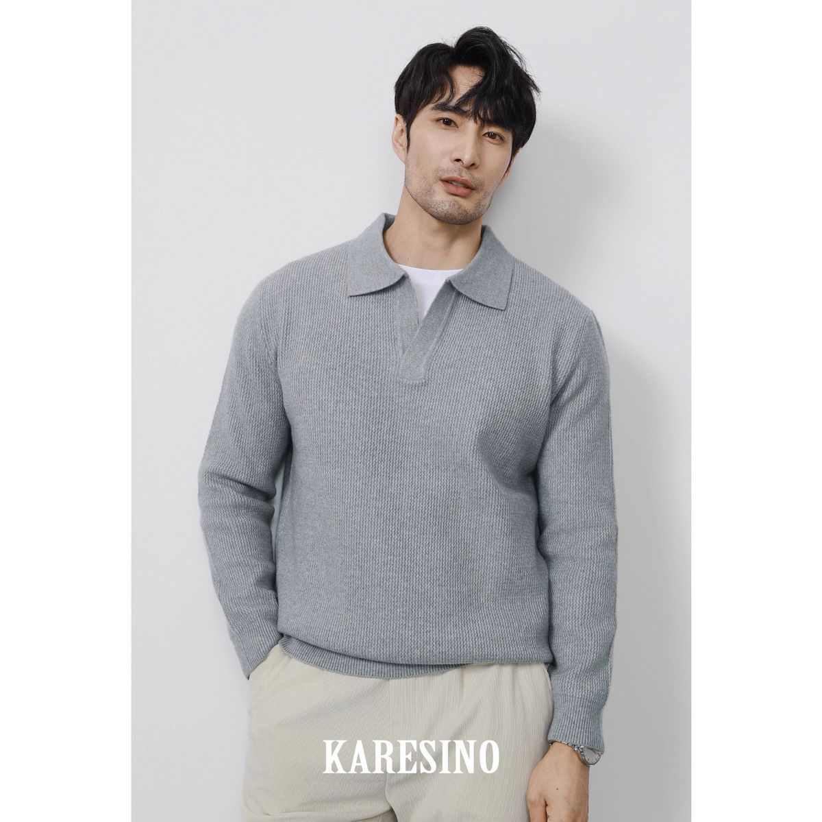 New Long Sleeved Knitted Sweater Men's Polo Shirt With A V-neck And Slim Fit_viptrois.com