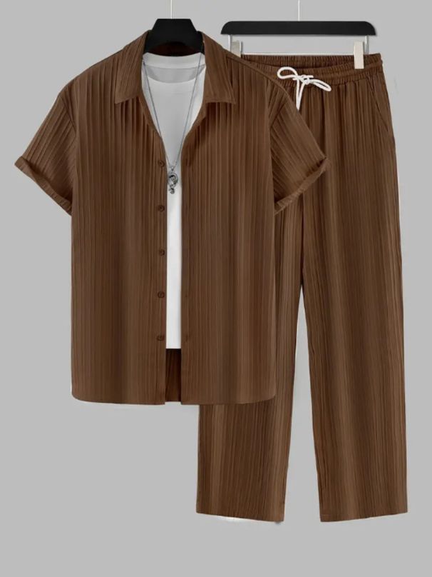 Men's Clothing Striped Short Sleeved Shirt Button Down Lapel Suit Men's Fashion Trend_viptrois.com