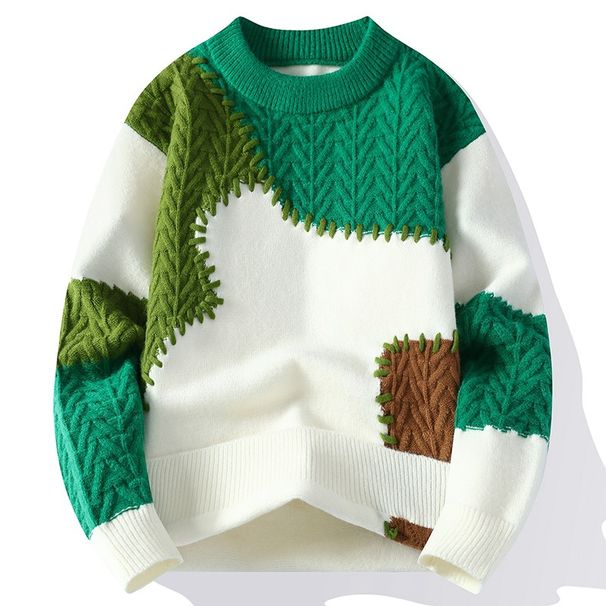 Men’s Patchwork Knit Sweater – Oversized Color Block Pullover, Machine Washable Polyester Blend (Winter Streetwear, Youth Fashion, Unisex Casual)_viptrois.com