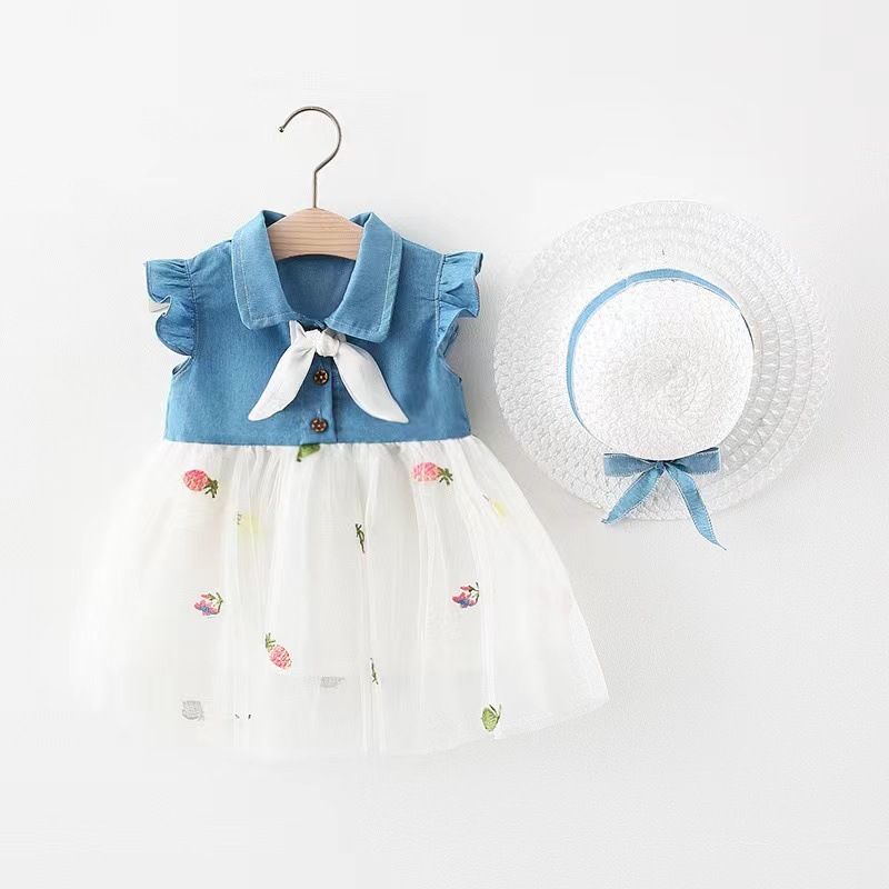 1672 Foreign Trade Children's Clothing Wholesale Summer New Style Girls Denim Mesh Stitching Dress Princess Dress Wholesale_viptrois.com